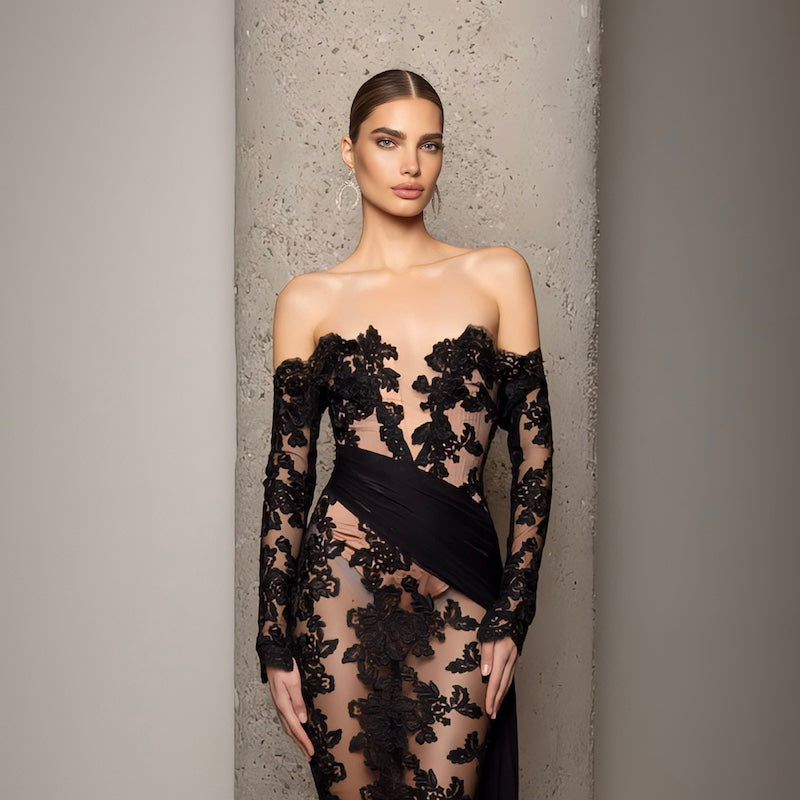 michael costello black lace dress x REVOLVE Paris Gown