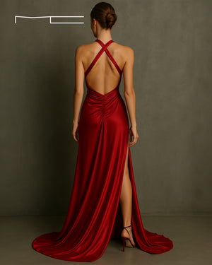 red high slit dress Plunging High Slit Dress